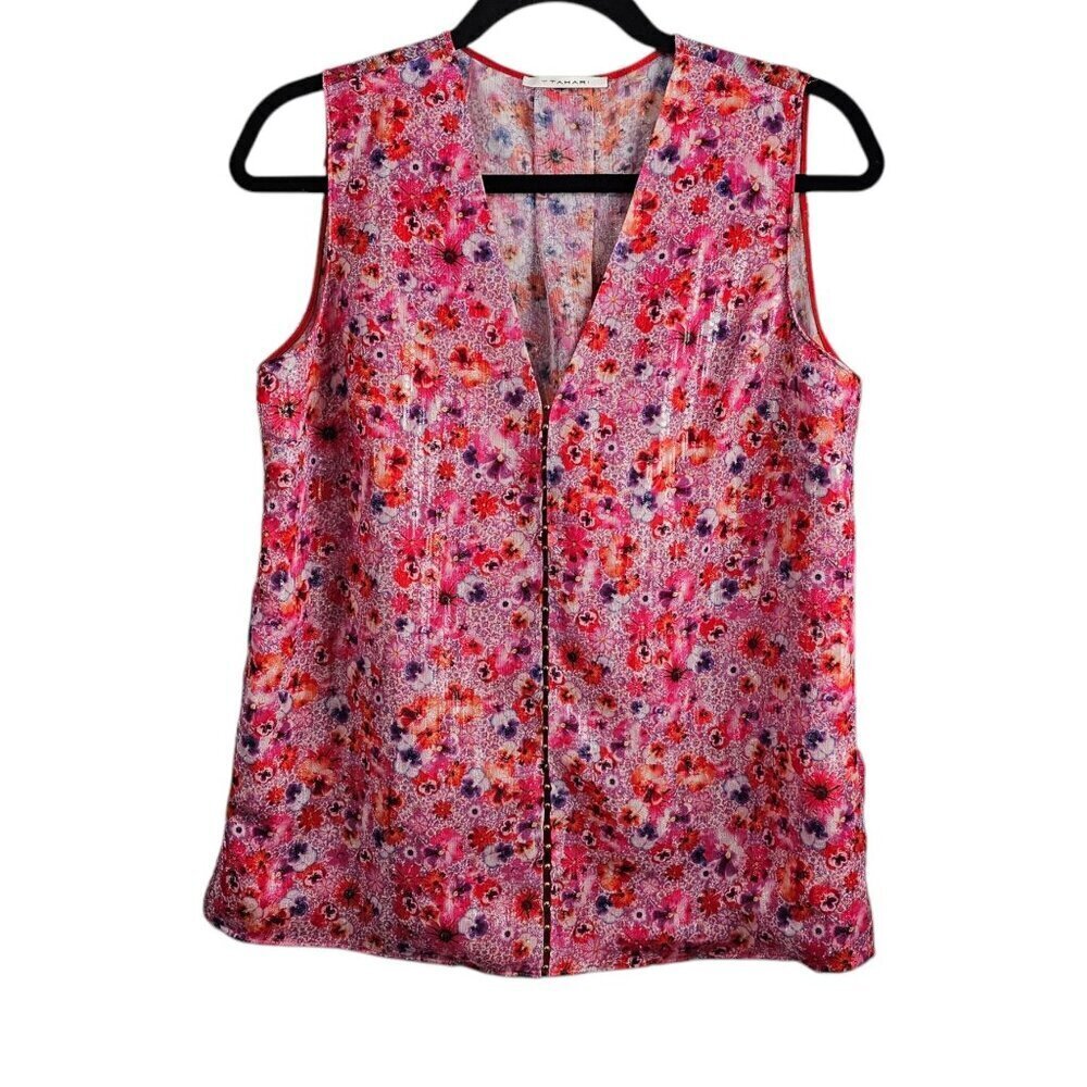 Tahari Floral Metallic Sleeveless Oversized Laser Cutout Tank Top